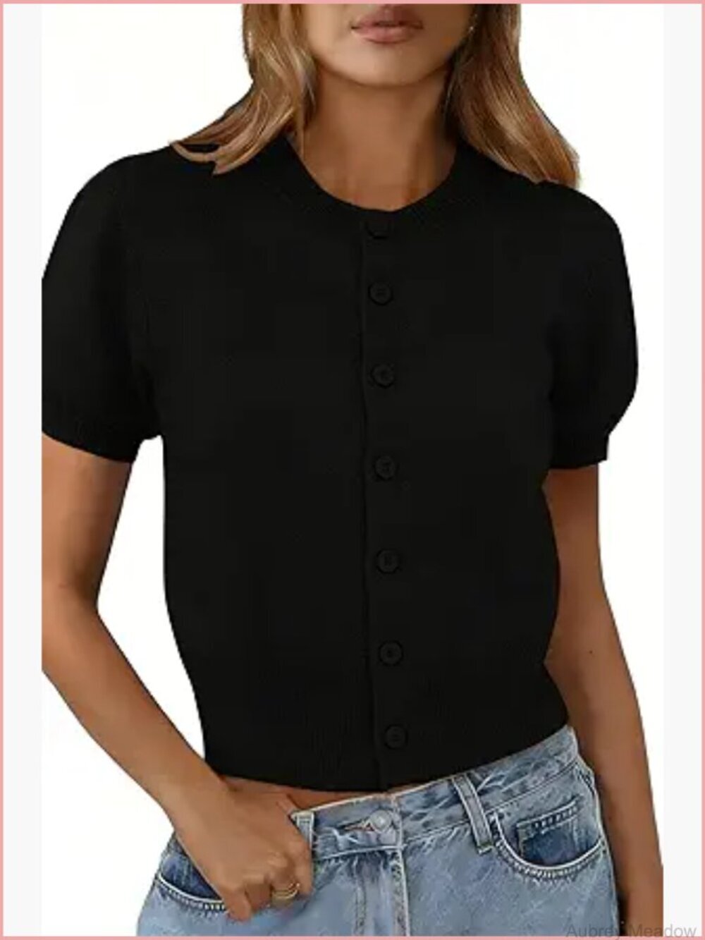 Short Sleeve Puff Cardigan Lightweight Knit Crew Neck Button Down